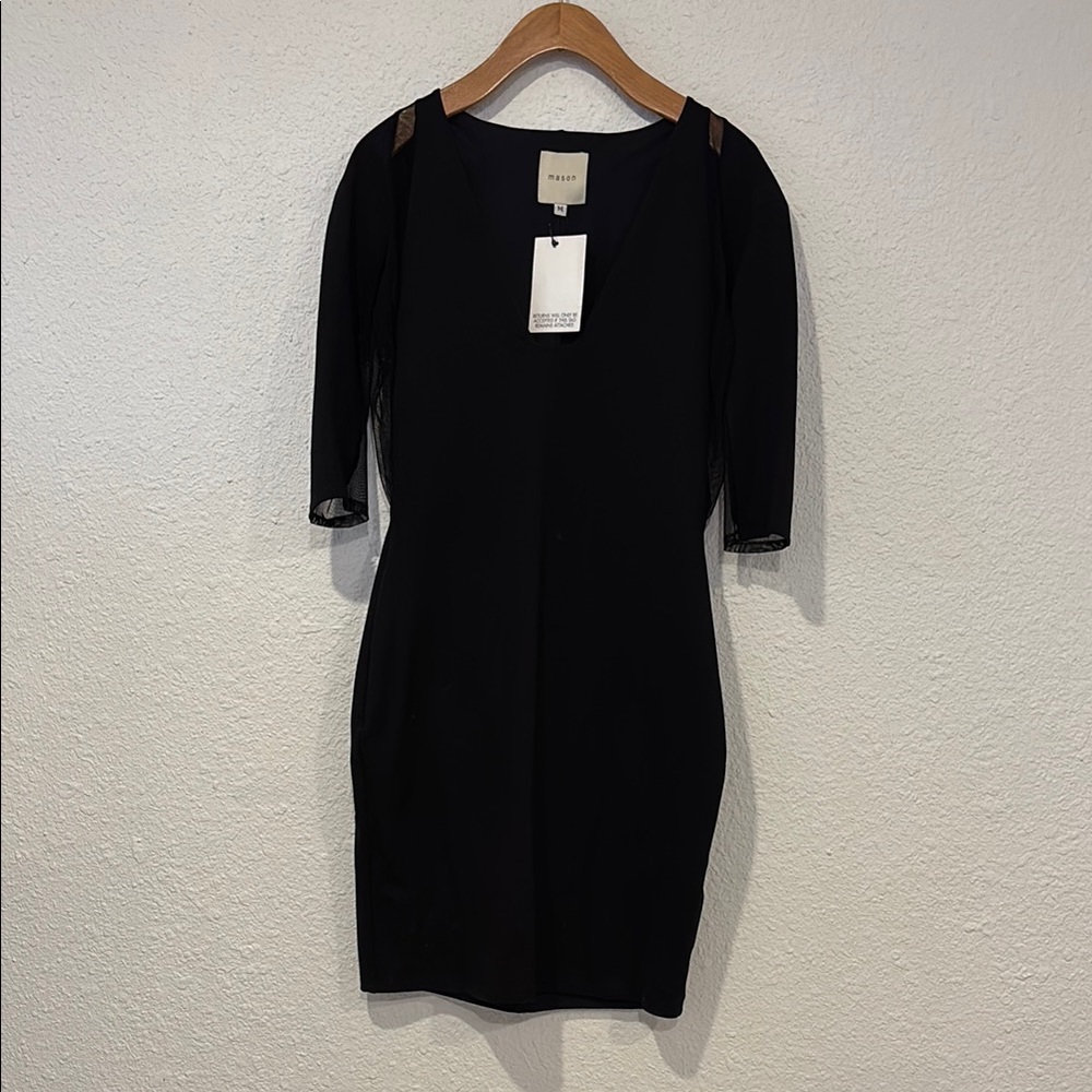 Mason by Michelle Mason Black Bodycon Mesh Side 3/4 Sleeve Dress